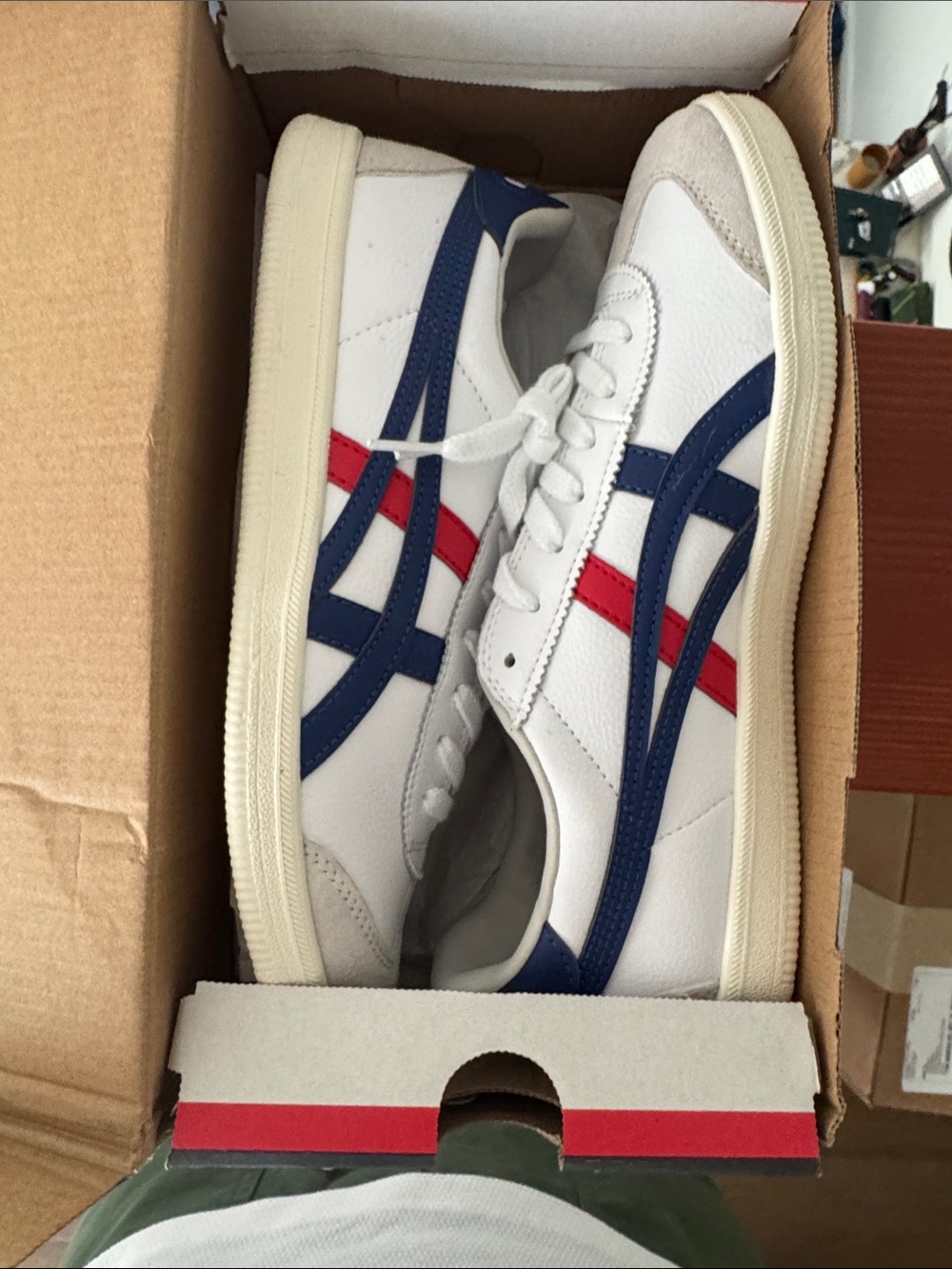 Onitsuka Tiger by Asics White Sneakers with Navy & Red Stripes